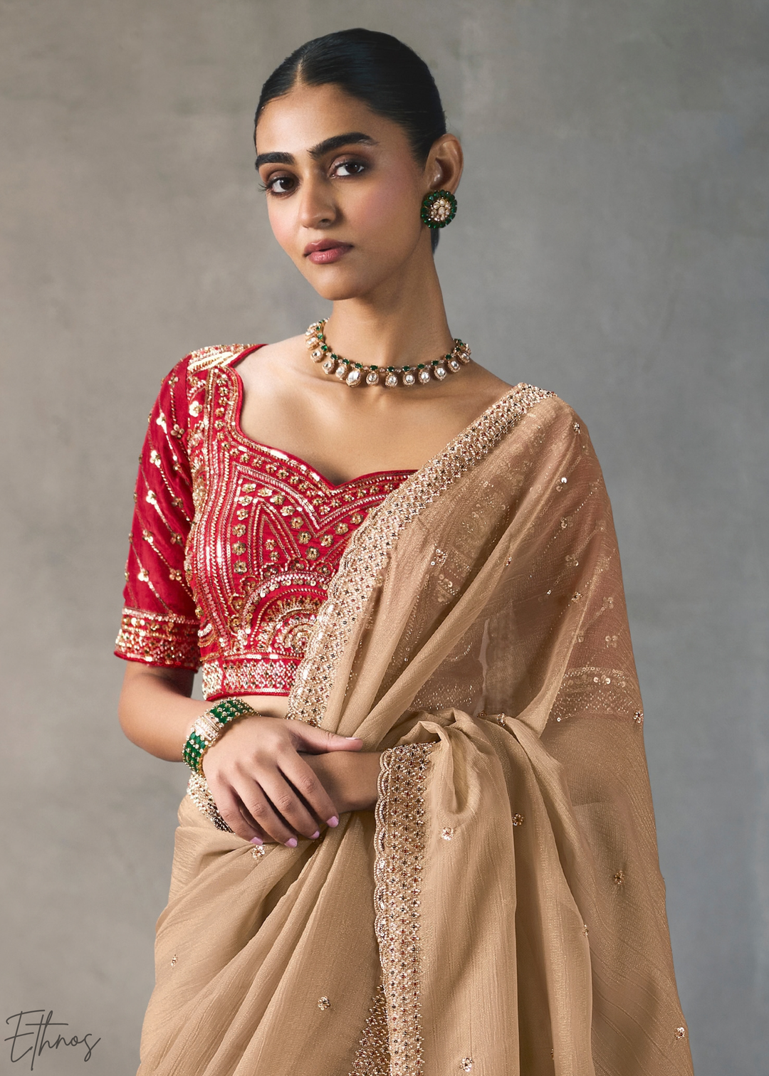 Taupe Floral Scallop Beaded Border Silk Saree