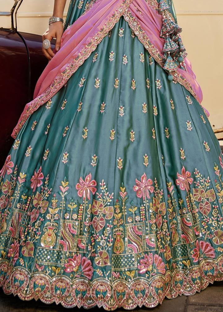 Teal Blue Botanical-Embroidered Silk Lehenga