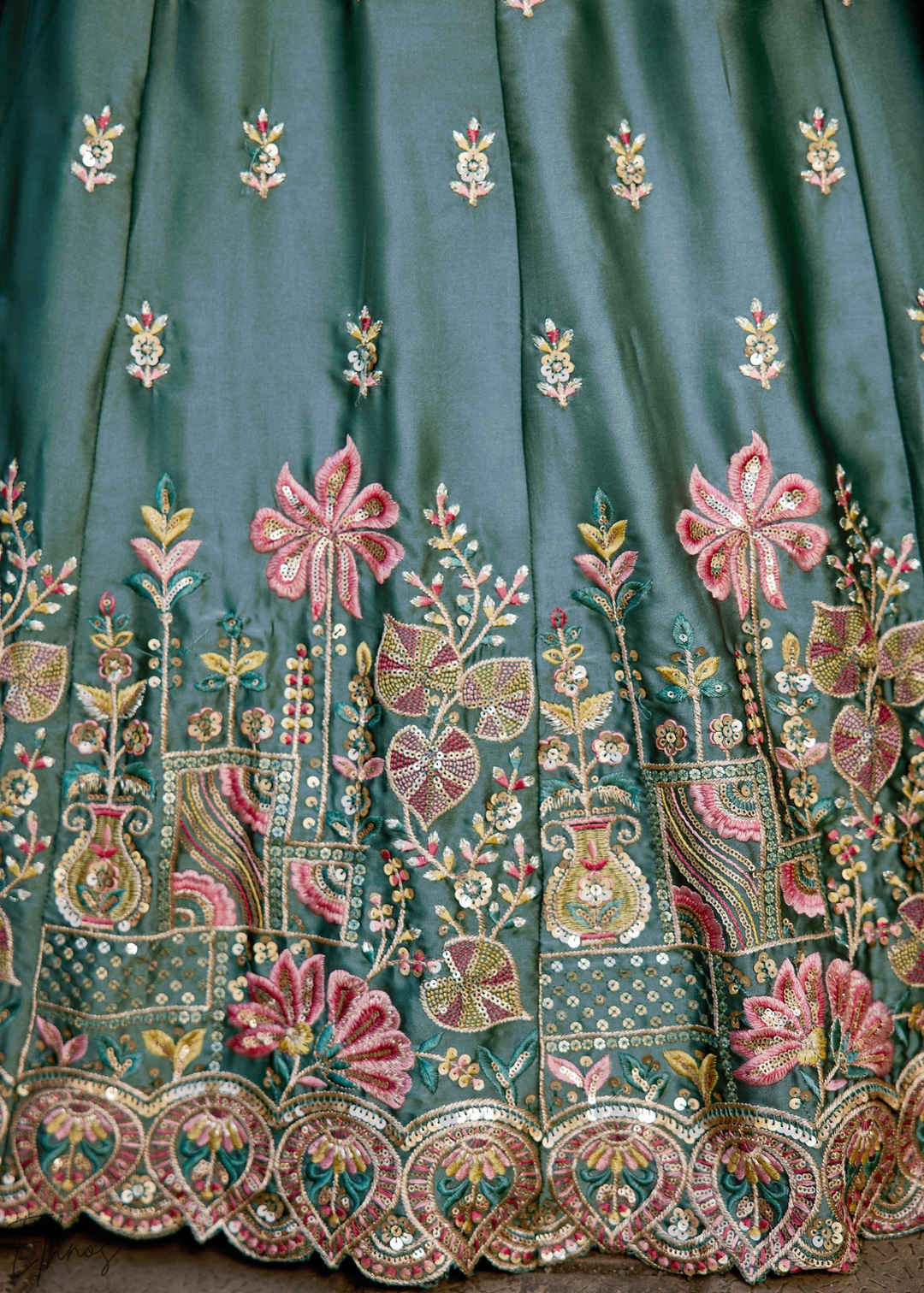 Teal Blue Botanical-Embroidered Silk Lehenga