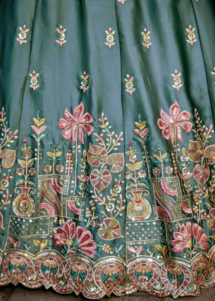 Teal Blue Botanical-Embroidered Silk Lehenga