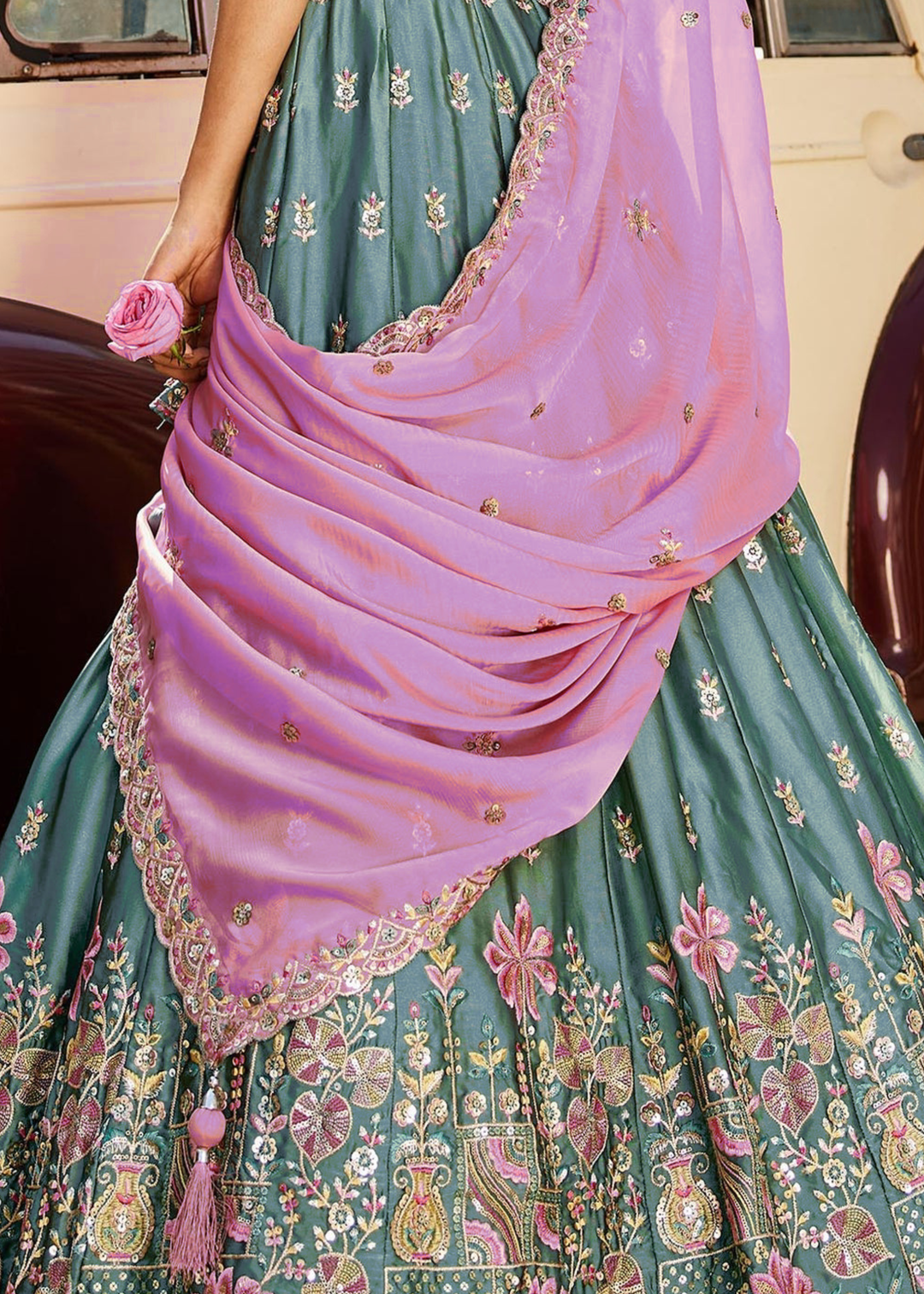 Teal Blue Botanical-Embroidered Silk Lehenga