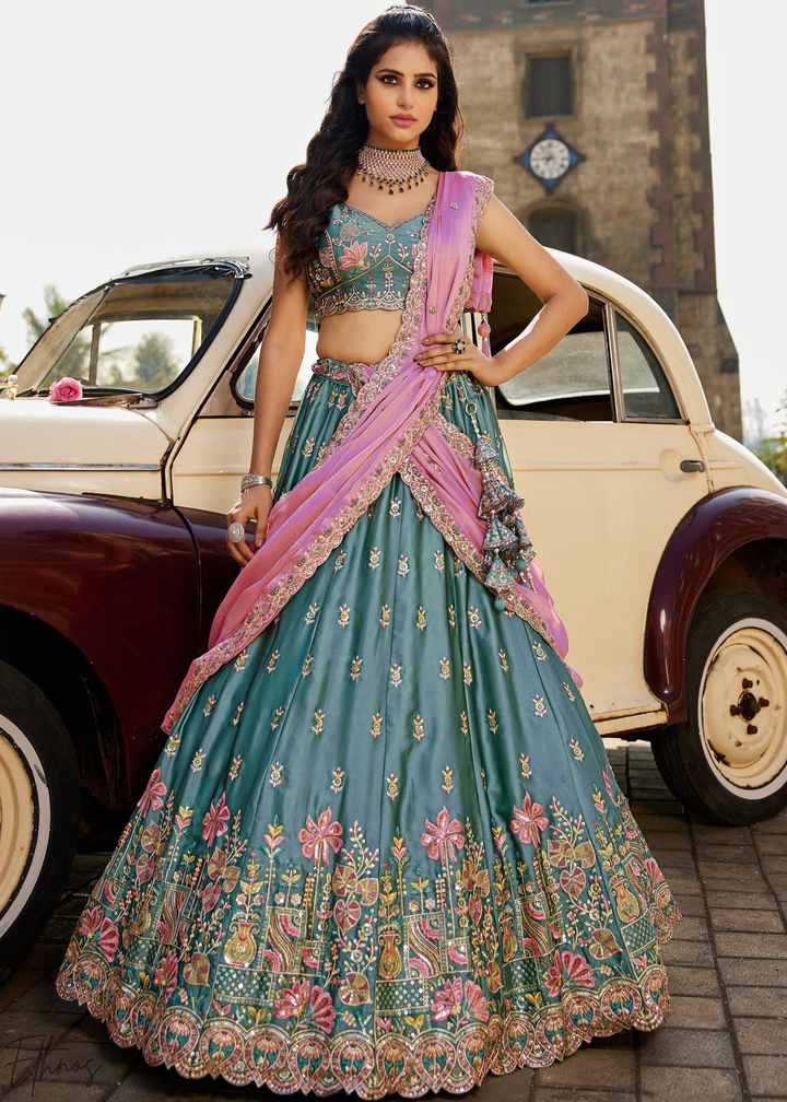 Teal Blue Botanical-Embroidered Silk Lehenga