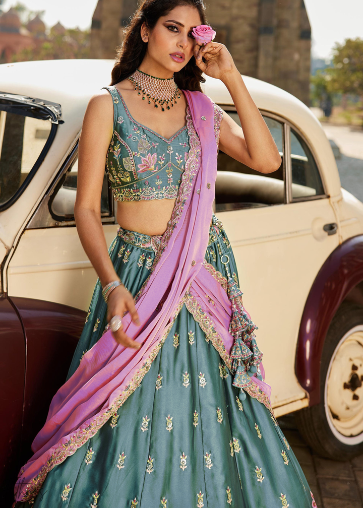 Teal Blue Botanical-Embroidered Silk Lehenga