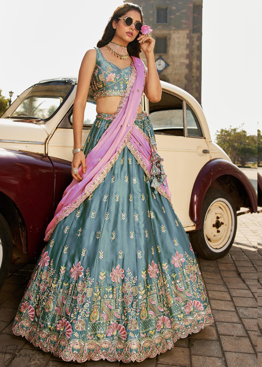 Teal Blue Botanical-Embroidered Silk Lehenga