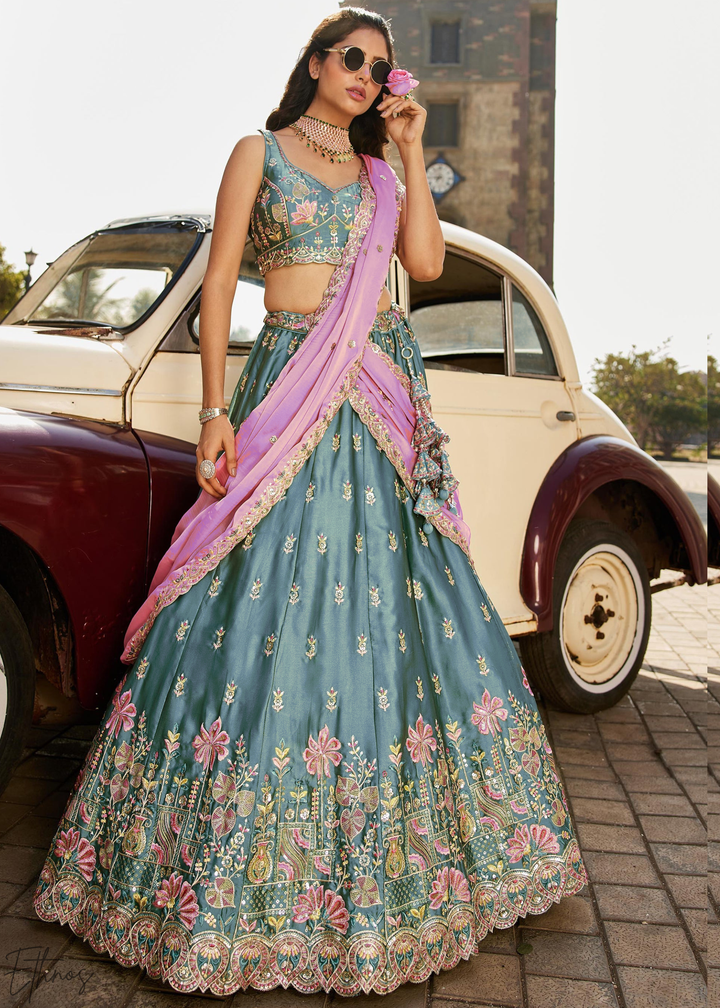Teal Blue Botanical-Embroidered Silk Lehenga