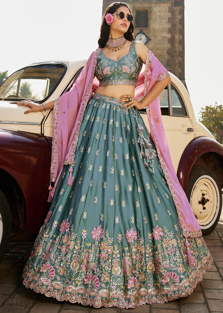 Teal Blue Botanical-Embroidered Silk Lehenga