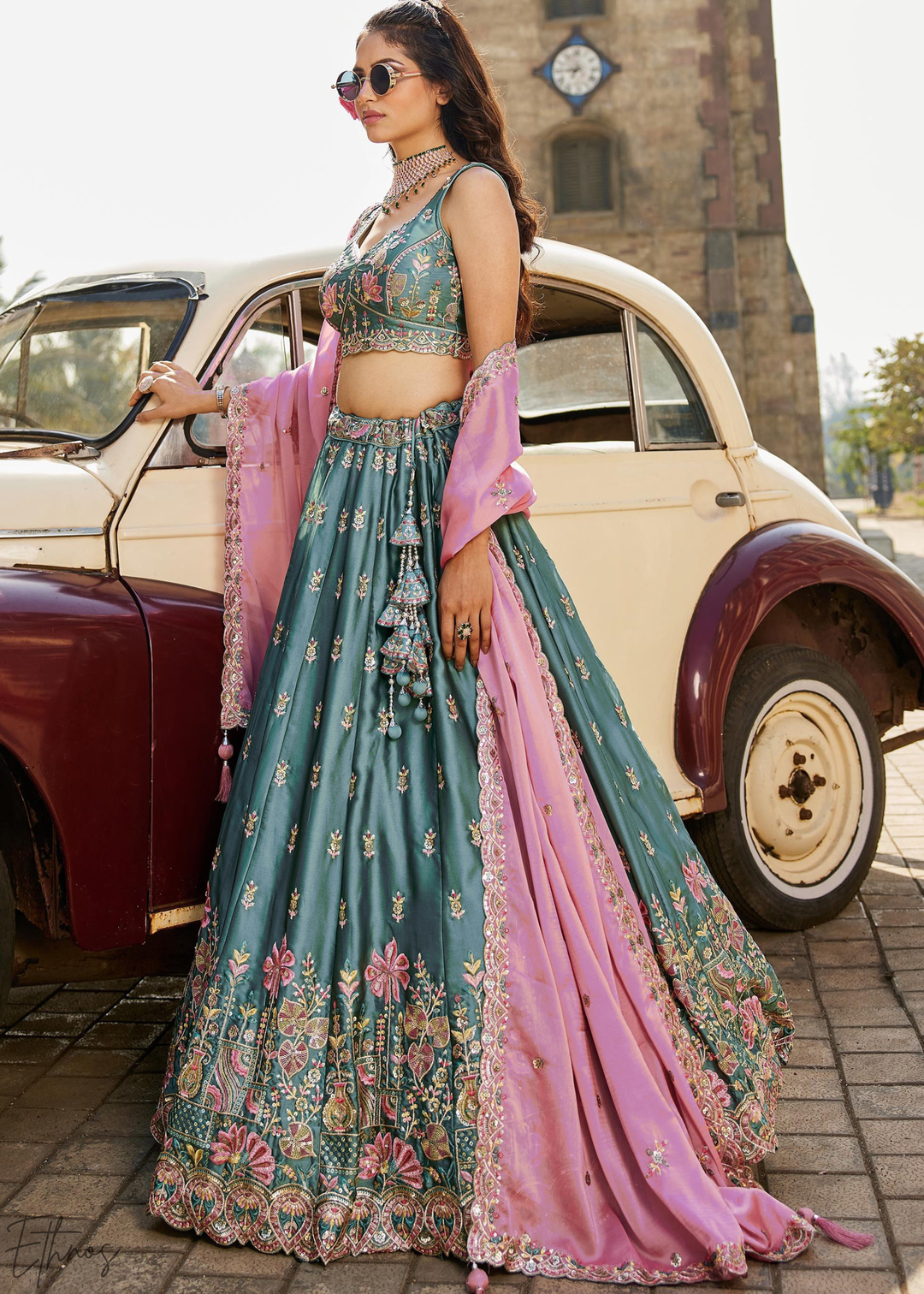 Teal Blue Botanical-Embroidered Silk Lehenga
