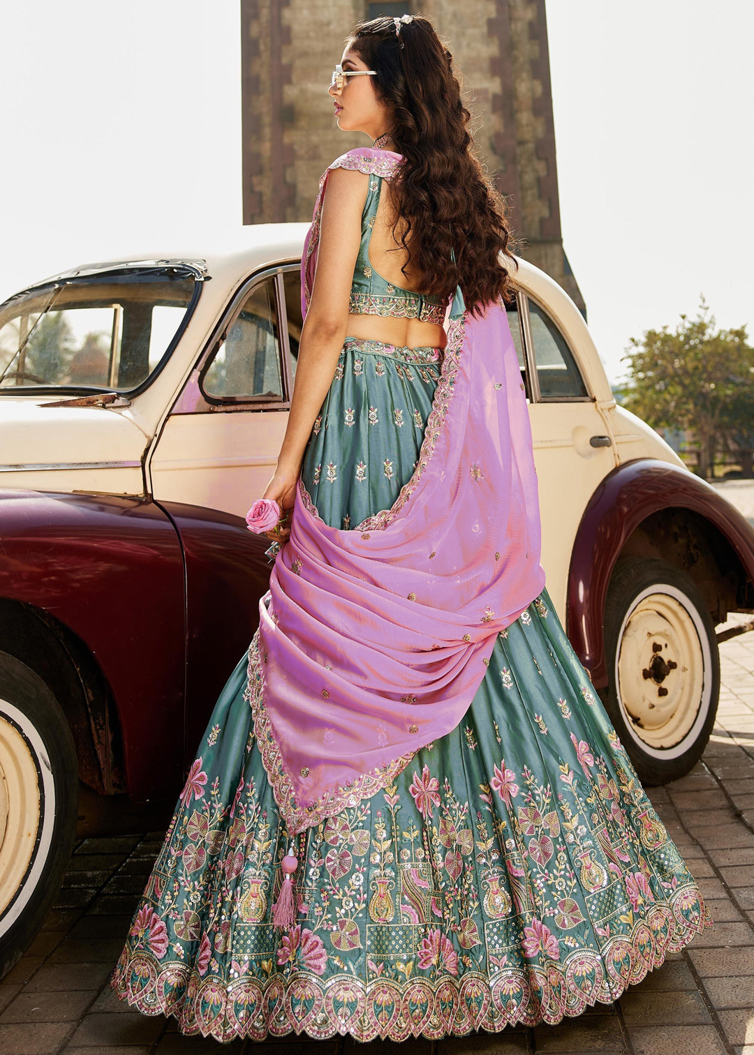 Teal Blue Botanical-Embroidered Silk Lehenga