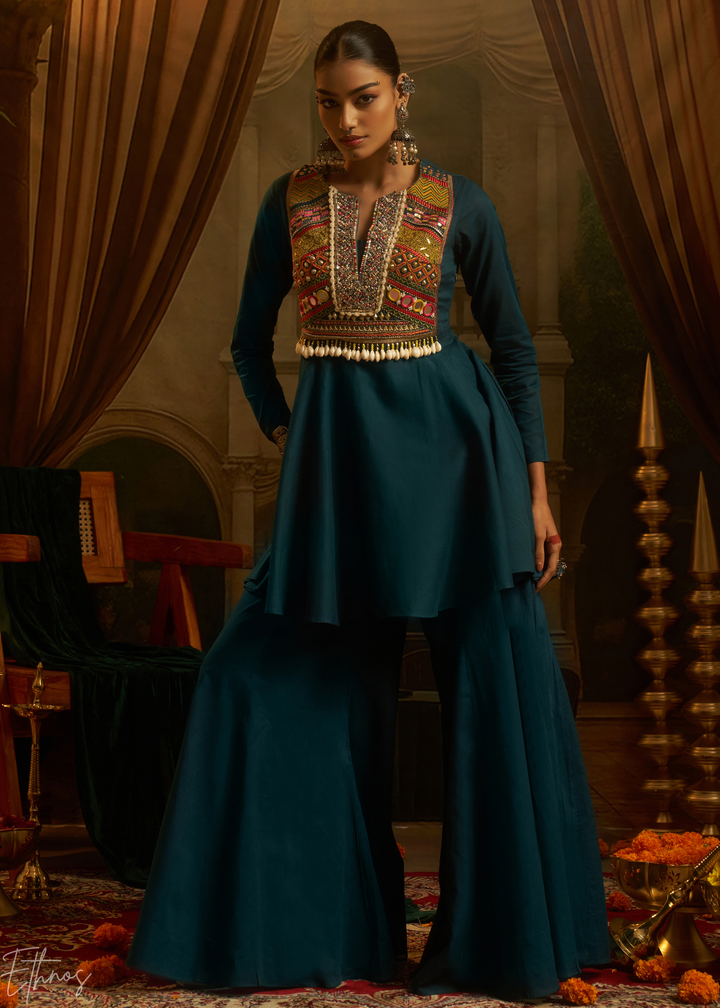Teal Blue Colorful Geometric Embroidered Mul Cotton Sharara Suit