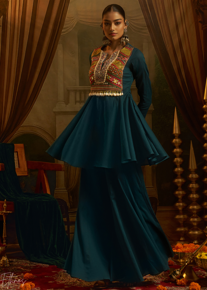 Teal Blue Colorful Geometric Embroidered Mul Cotton Sharara Suit