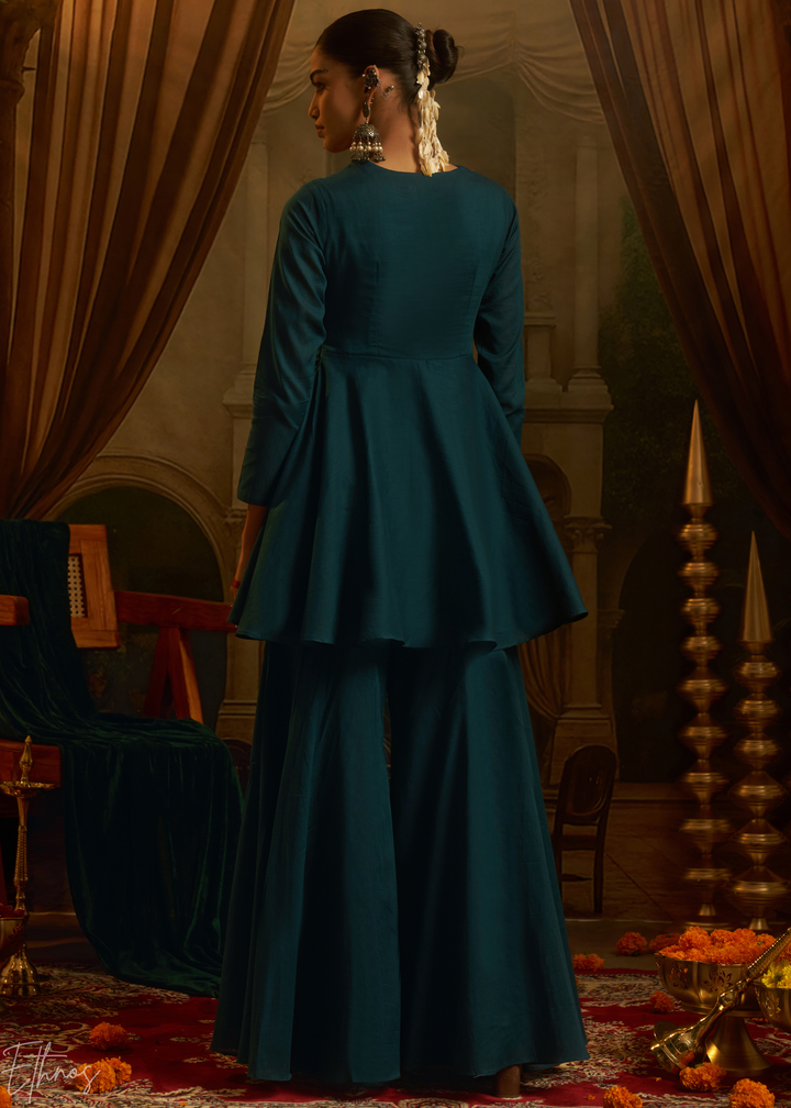 Teal Blue Colorful Geometric Embroidered Mul Cotton Sharara Suit