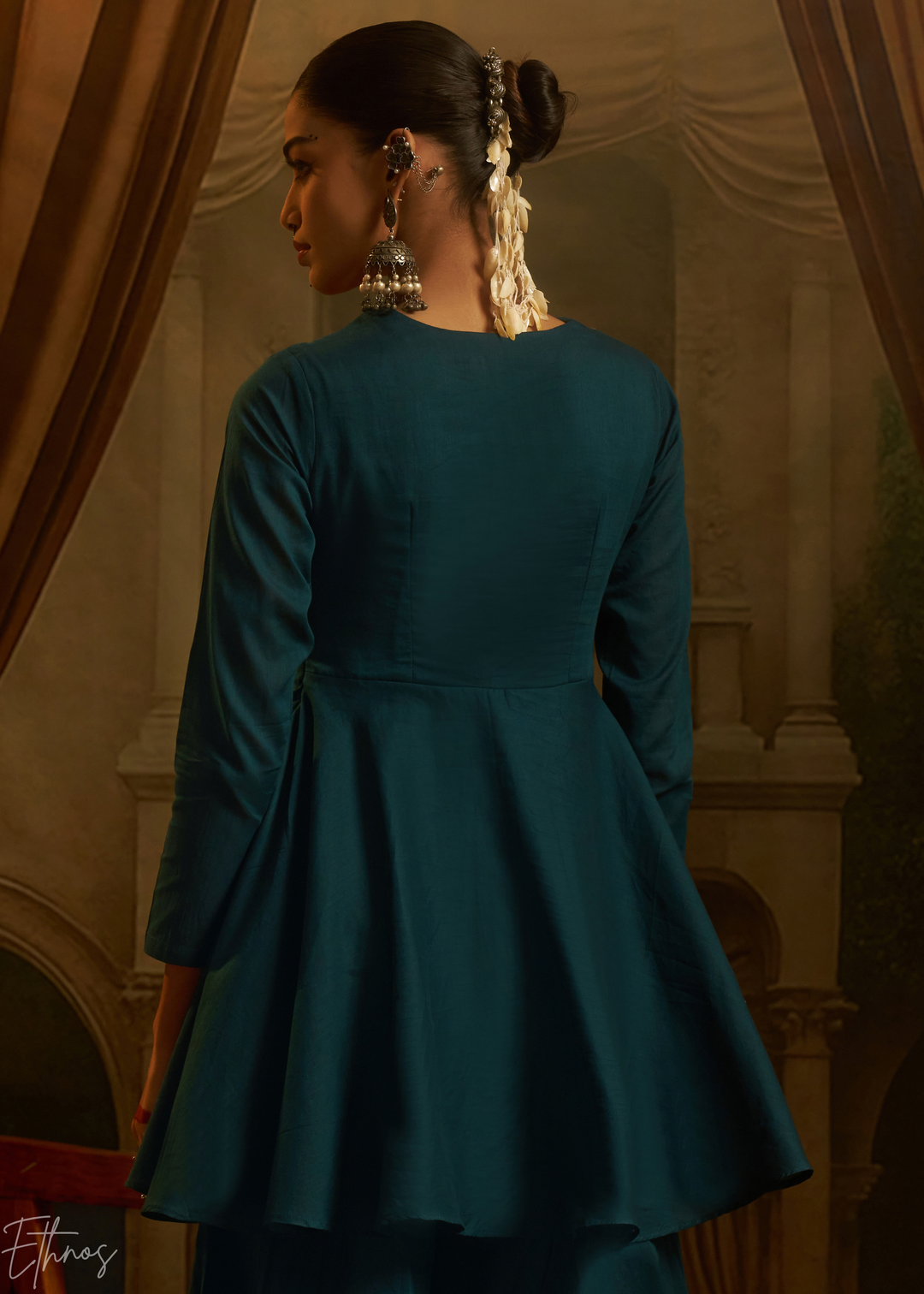 Teal Blue Colorful Geometric Embroidered Mul Cotton Sharara Suit
