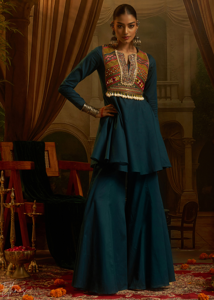 Teal Blue Colorful Geometric Embroidered Mul Cotton Sharara Suit