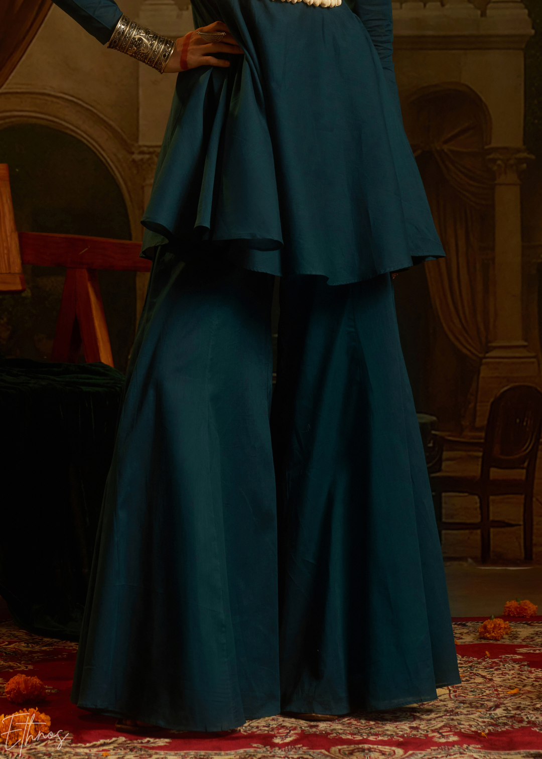 Teal Blue Colorful Geometric Embroidered Mul Cotton Sharara Suit