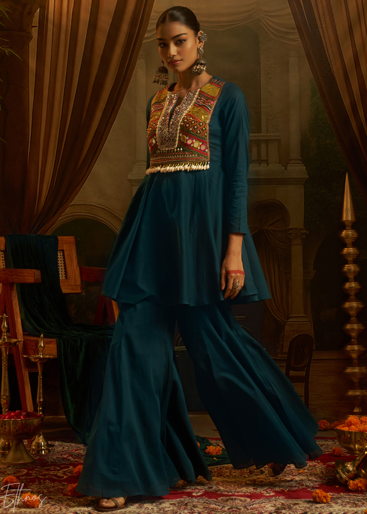 Teal Blue Colorful Geometric Embroidered Mul Cotton Sharara Suit