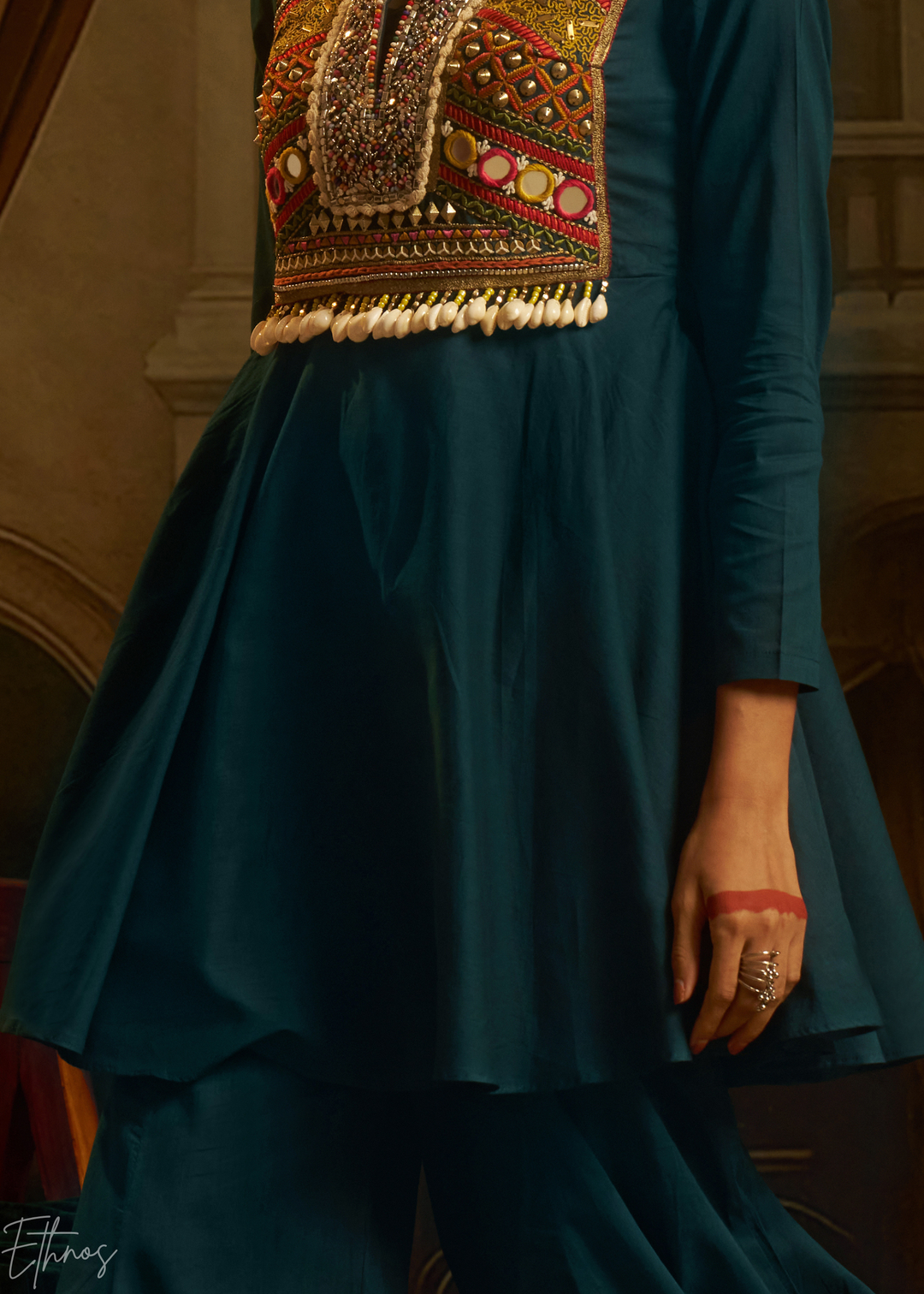 Teal Blue Colorful Geometric Embroidered Mul Cotton Sharara Suit