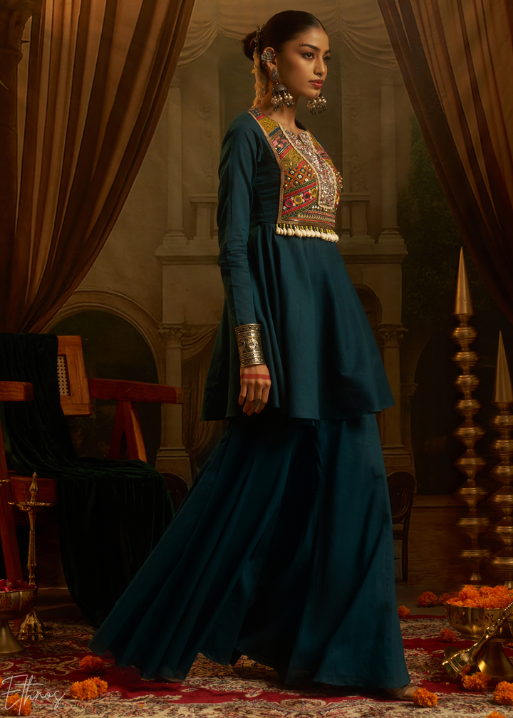 Teal Blue Colorful Geometric Embroidered Mul Cotton Sharara Suit