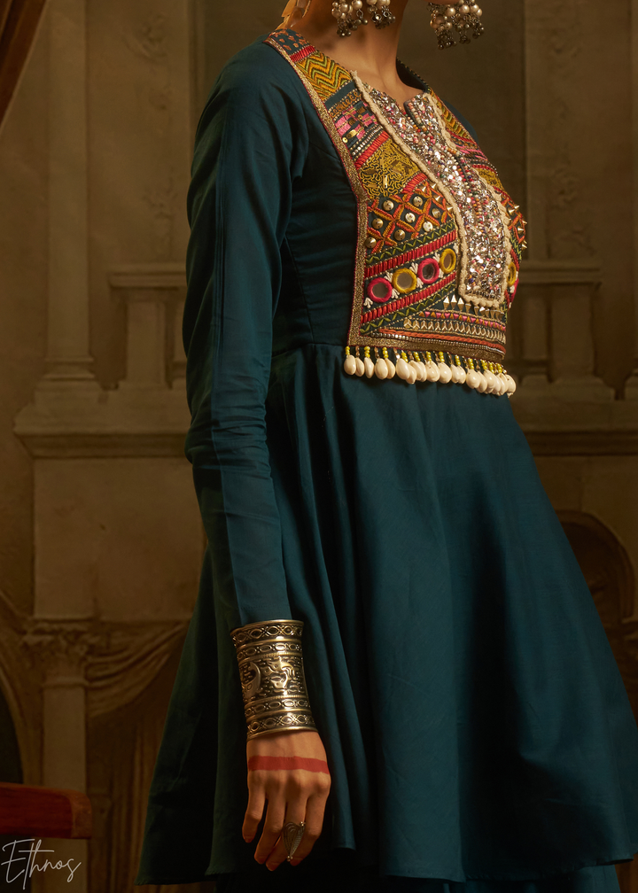 Teal Blue Colorful Geometric Embroidered Mul Cotton Sharara Suit