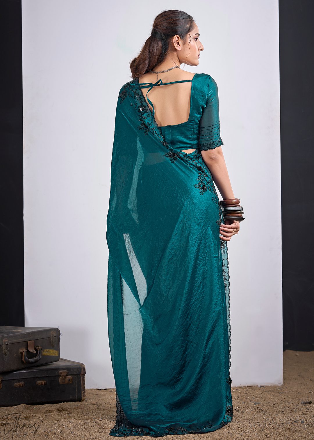 Teal Blue Cutdana Fendy Satin Silk Saree