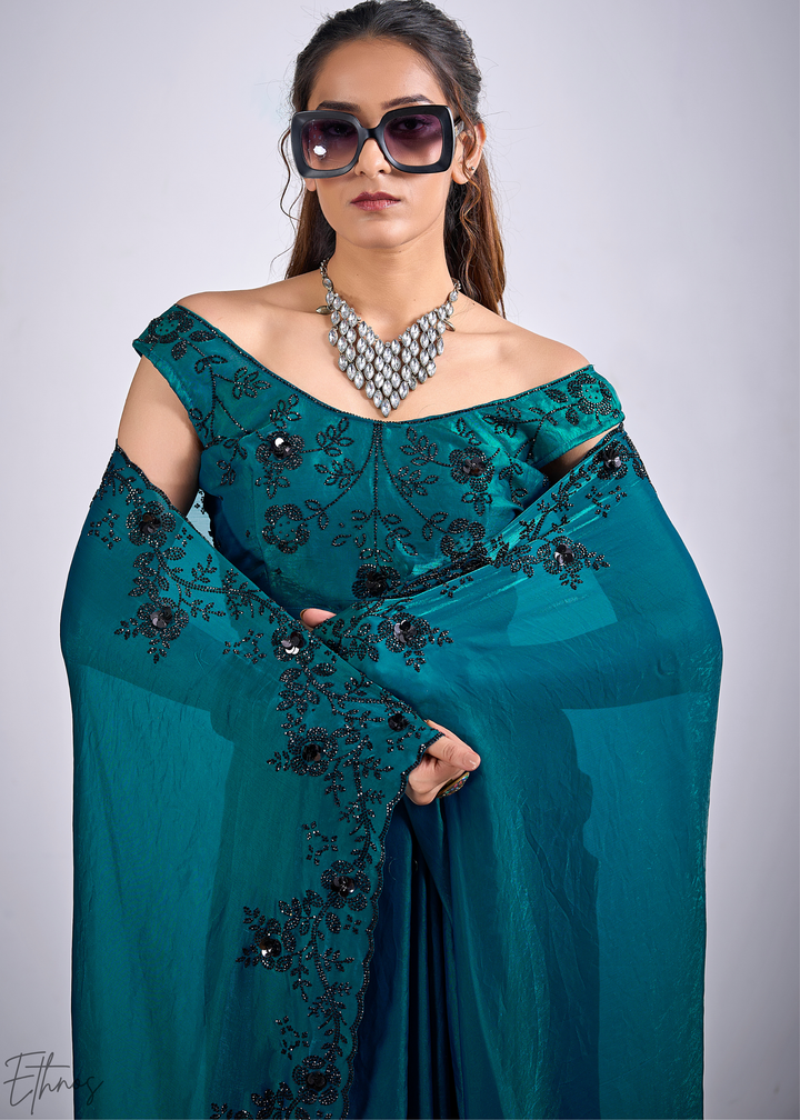 Teal Blue Cutdana Fendy Satin Silk Saree
