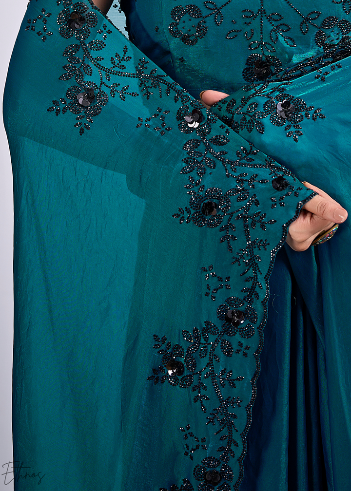 Teal Blue Cutdana Fendy Satin Silk Saree