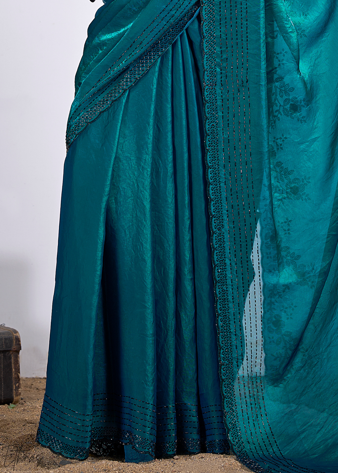 Teal Blue Cutdana Fendy Satin Silk Saree