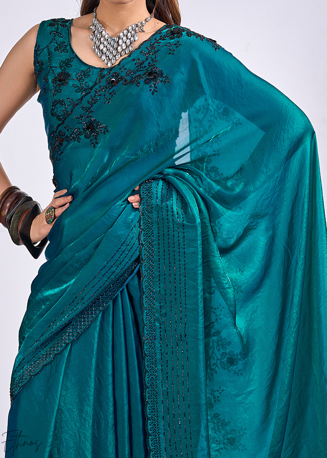 Teal Blue Cutdana Fendy Satin Silk Saree