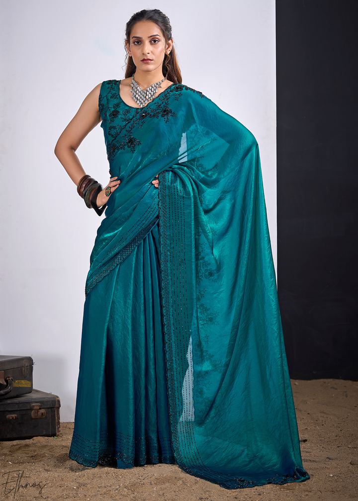Teal Blue Cutdana Fendy Satin Silk Saree