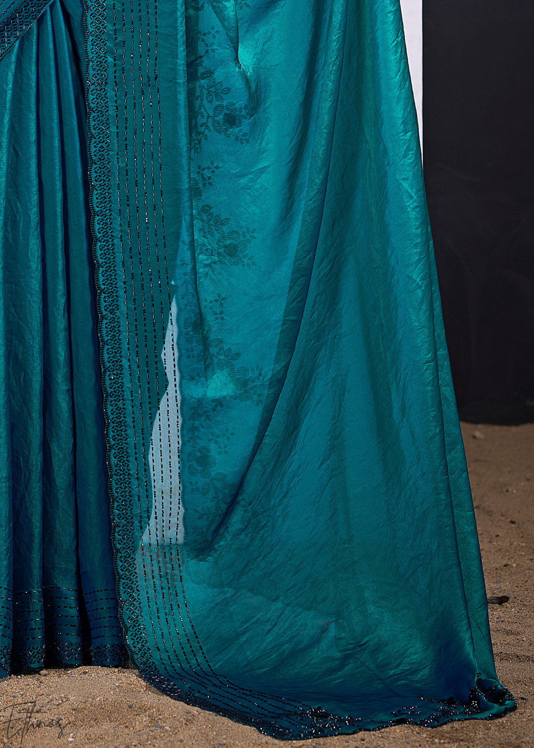 Teal Blue Cutdana Fendy Satin Silk Saree