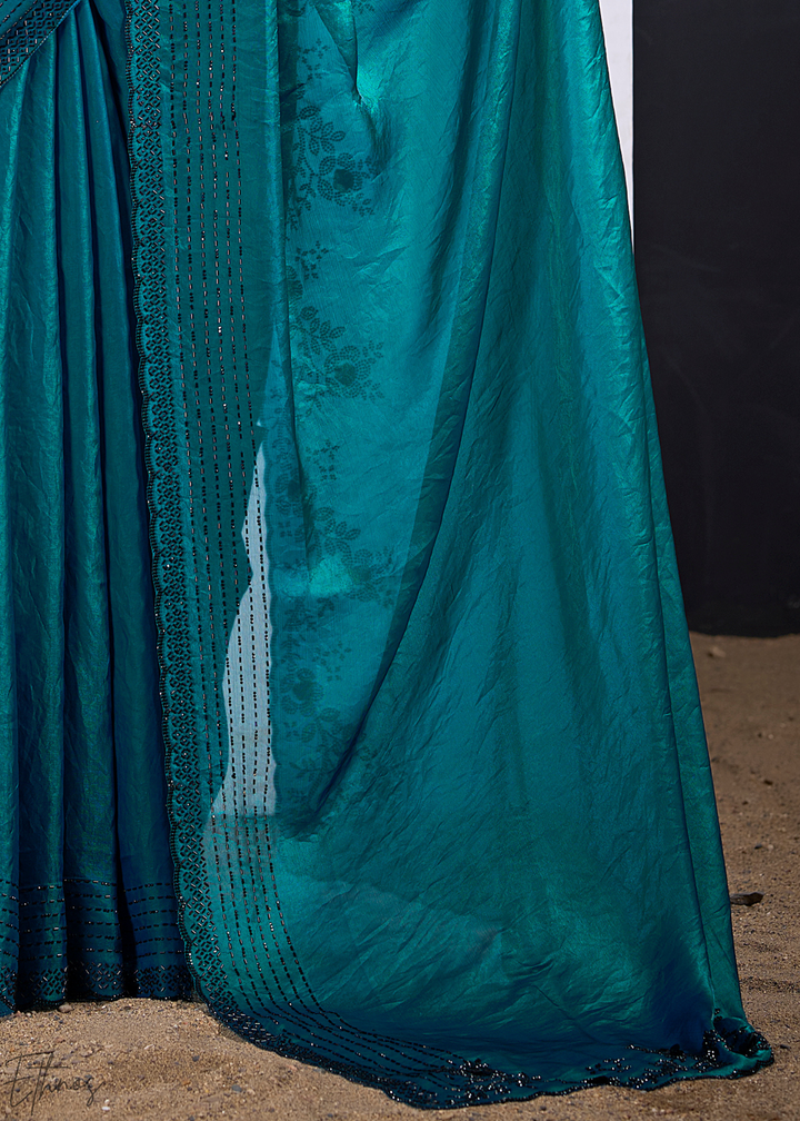 Teal Blue Cutdana Fendy Satin Silk Saree