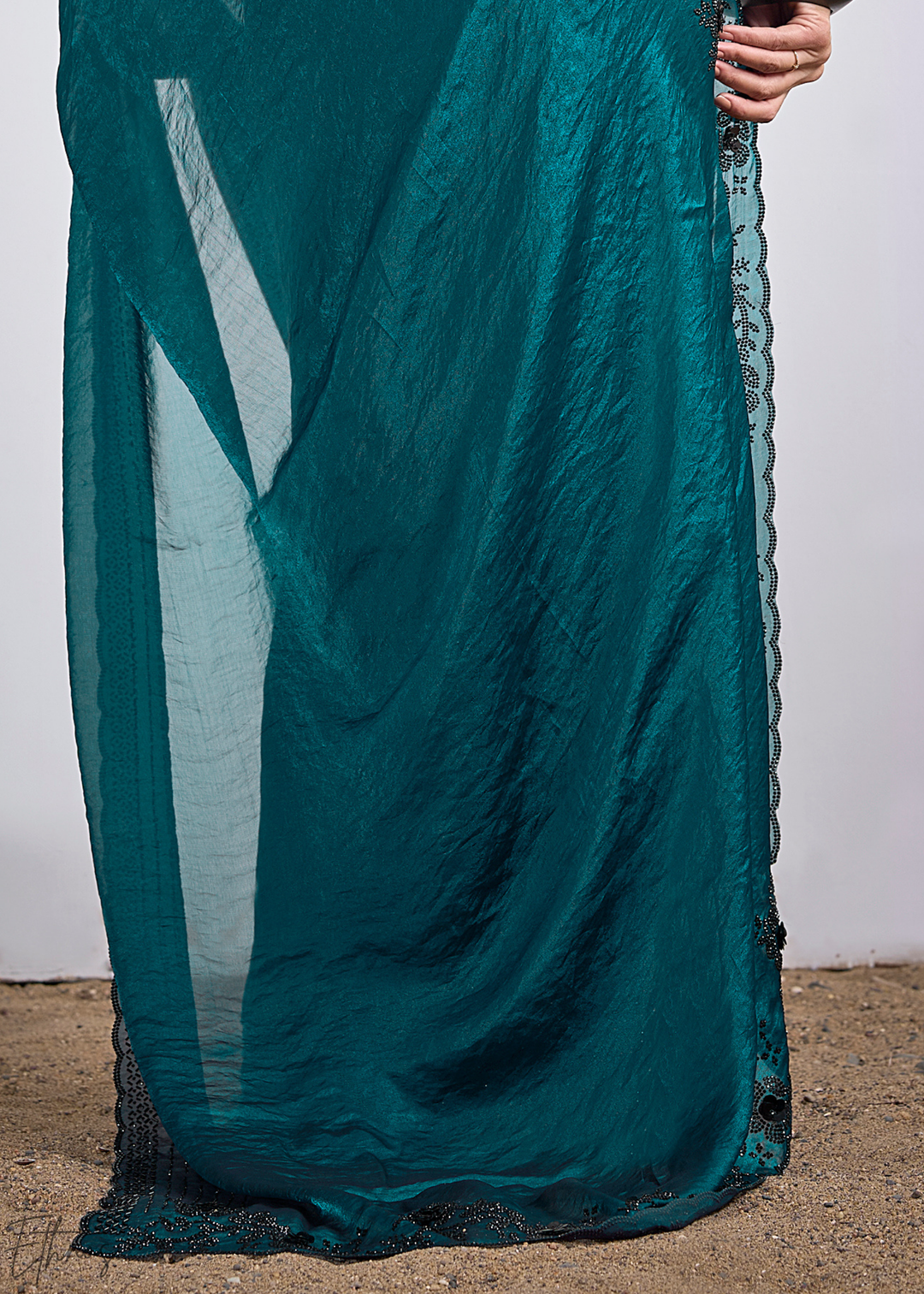 Teal Blue Cutdana Fendy Satin Silk Saree