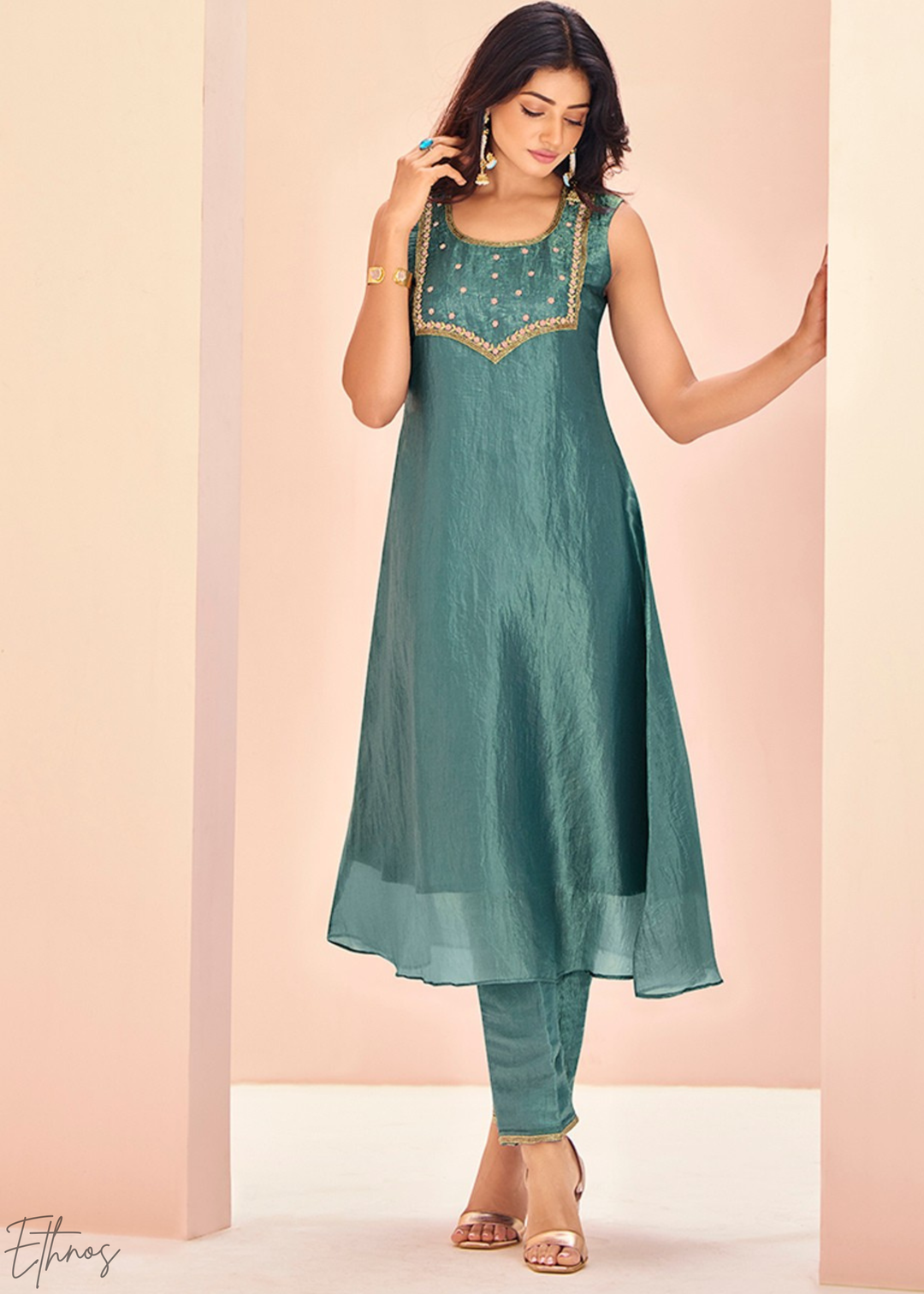 Aqua Blue Embroidered Organza Frock Kurti Palazzo Set
