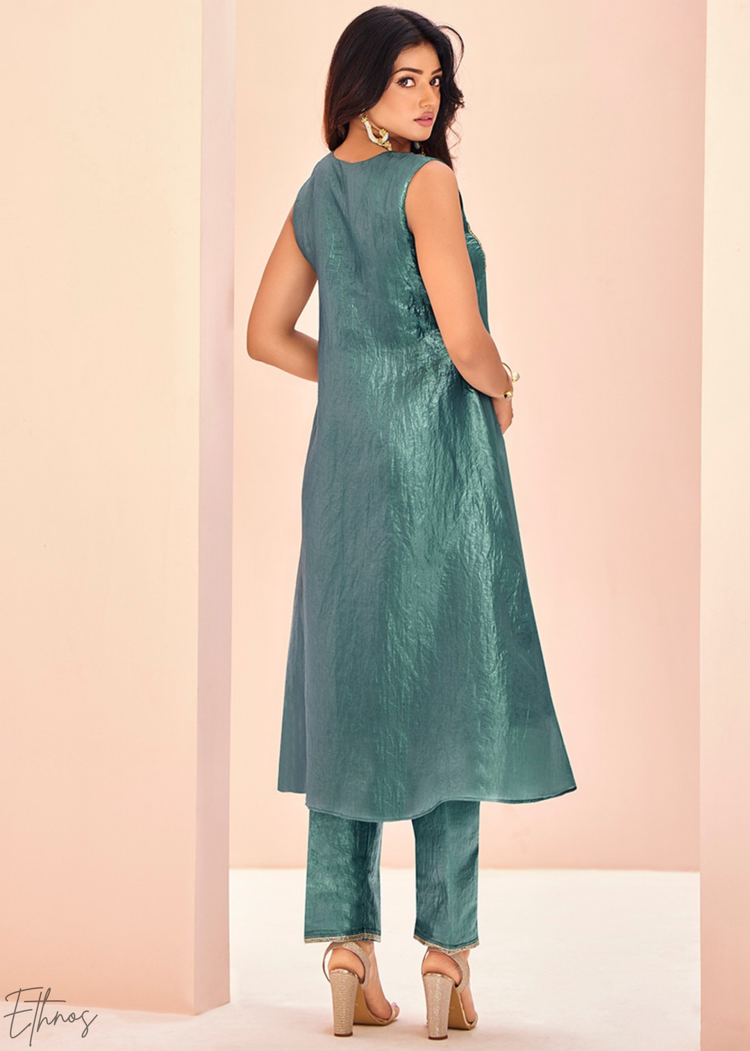 Aqua Blue Embroidered Organza Frock Kurti Palazzo Set