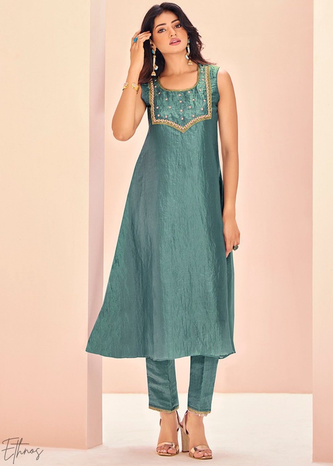 Aqua Blue Embroidered Organza Frock Kurti Palazzo Set