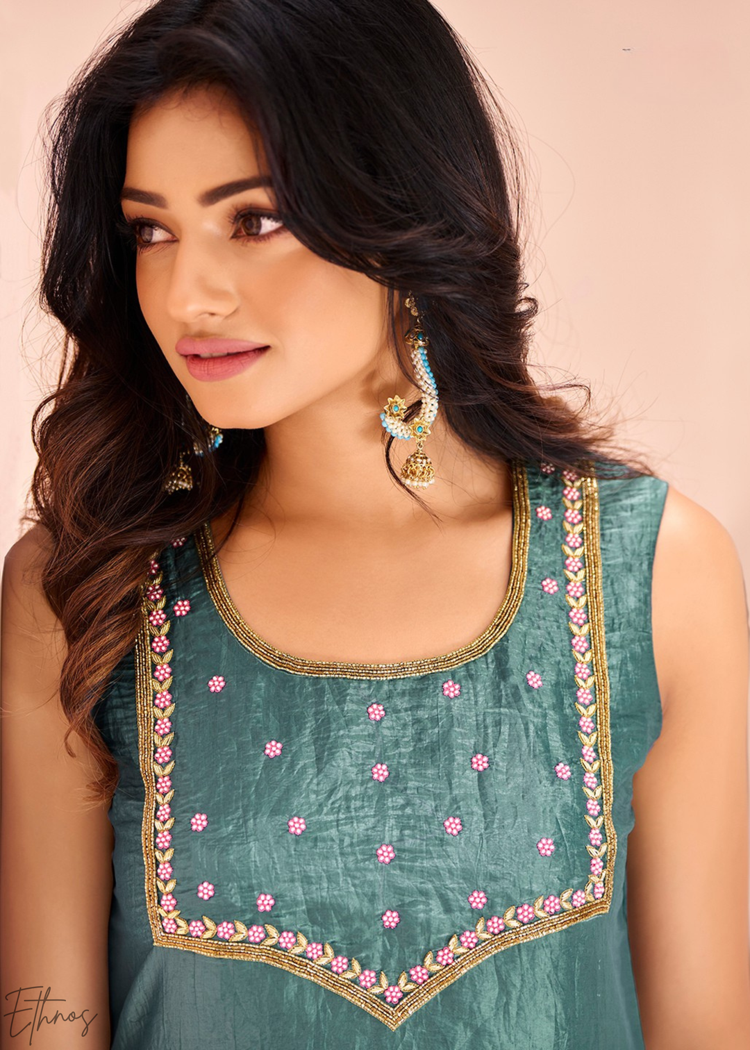 Aqua Blue Embroidered Organza Frock Kurti Palazzo Set