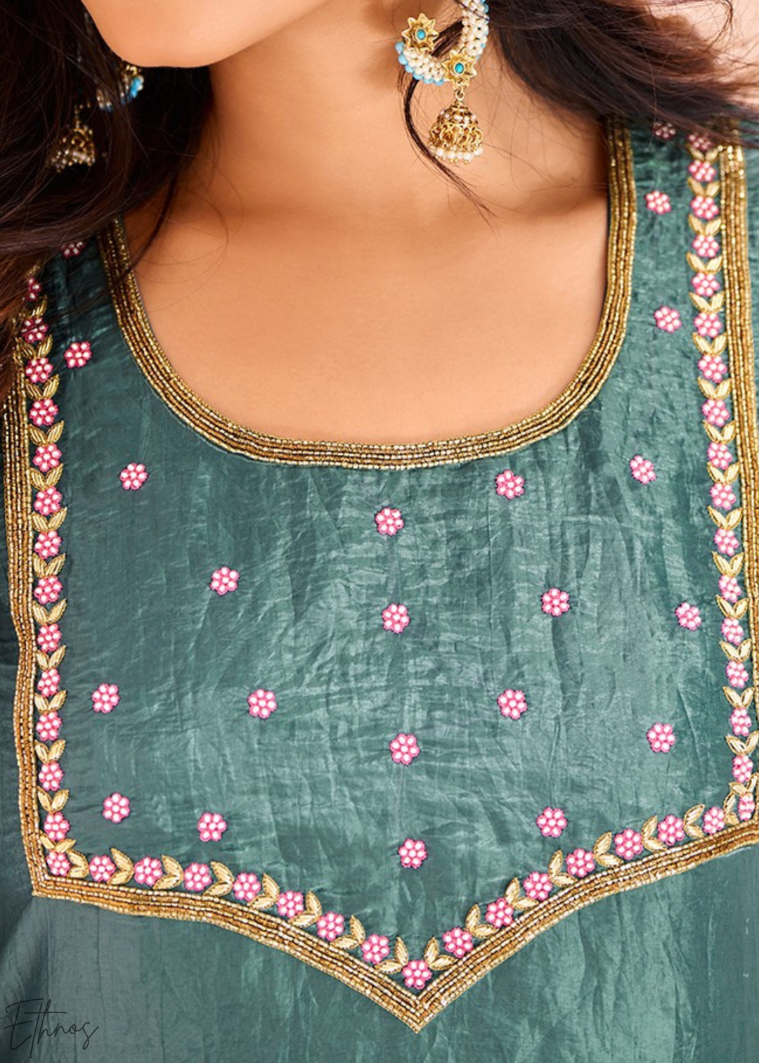 Aqua Blue Embroidered Organza Frock Kurti Palazzo Set