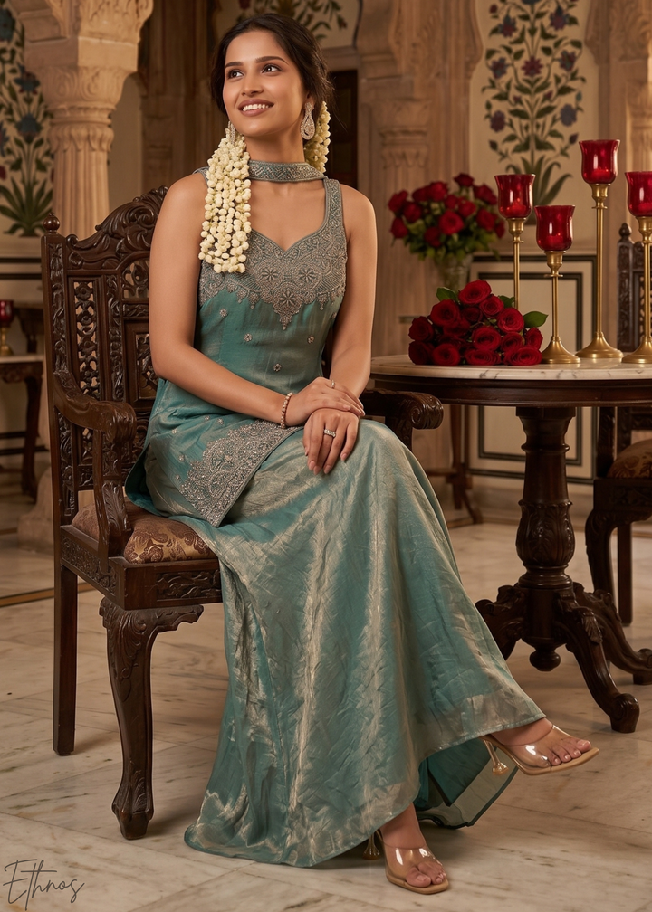 Teal Blue Embroidered Silk Palazzo Suit