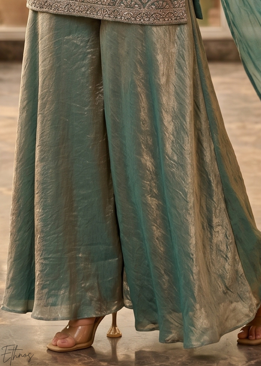 Teal Blue Embroidered Silk Palazzo Suit