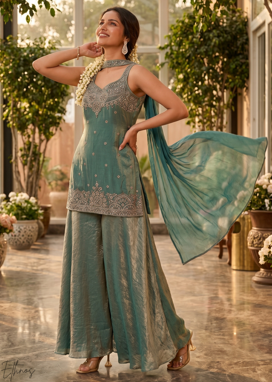 Teal Blue Embroidered Silk Palazzo Suit