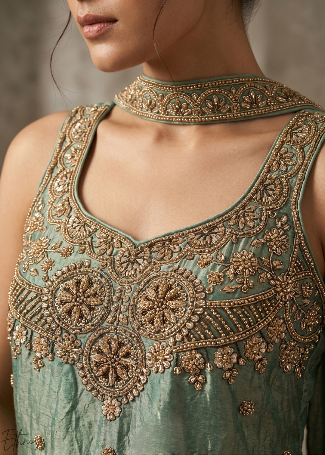 Teal Blue Embroidered Silk Palazzo Suit