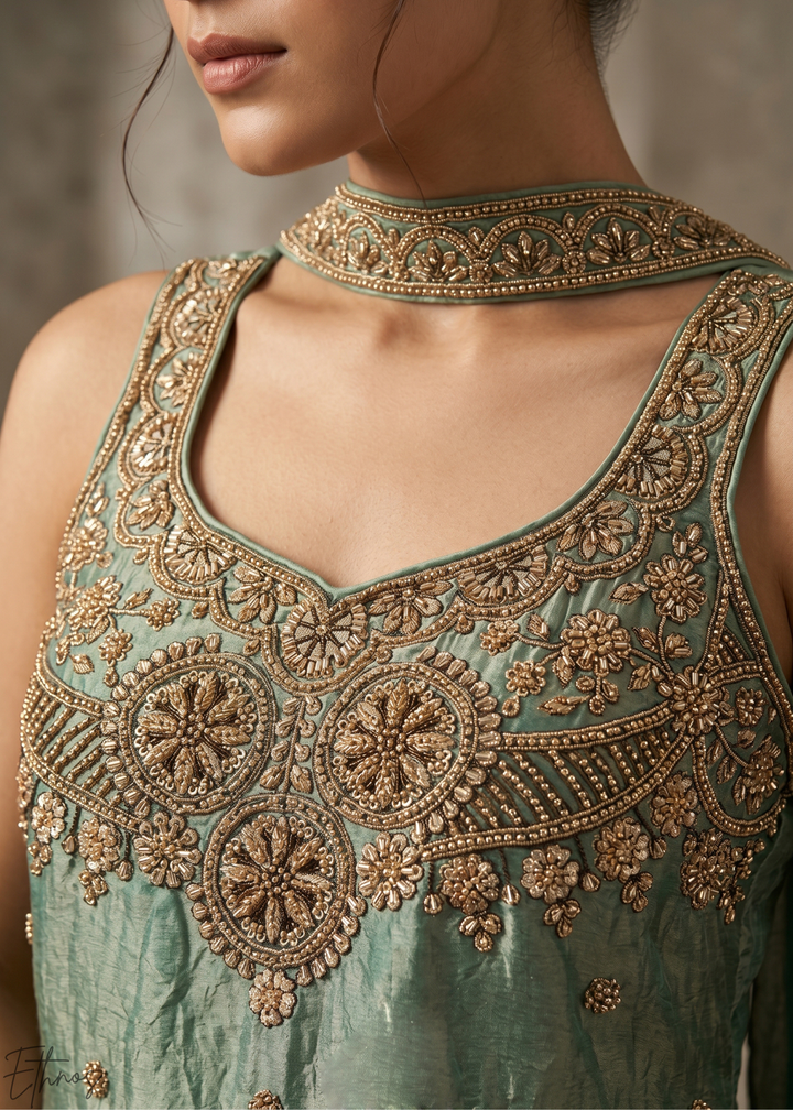 Teal Blue Embroidered Silk Palazzo Suit
