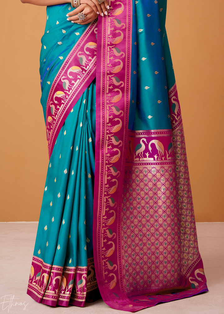 Teal Blue Flamingo Satin Silk Saree