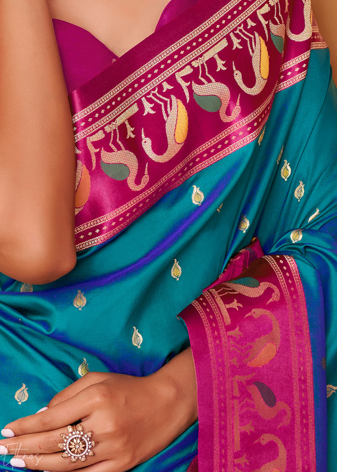 Teal Blue Flamingo Satin Silk Saree