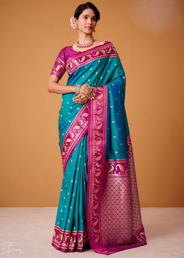 Teal Blue Flamingo Satin Silk Saree