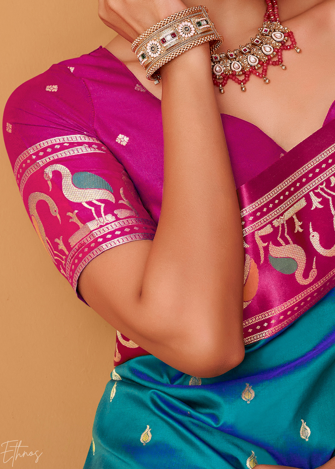 Teal Blue Flamingo Satin Silk Saree