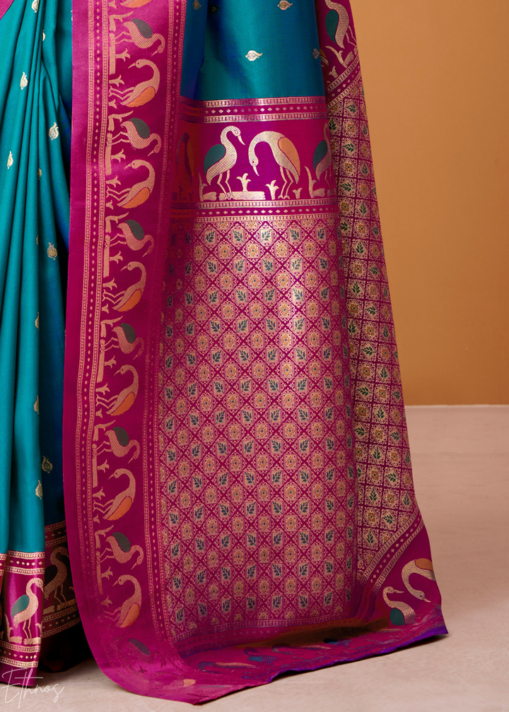 Teal Blue Flamingo Satin Silk Saree