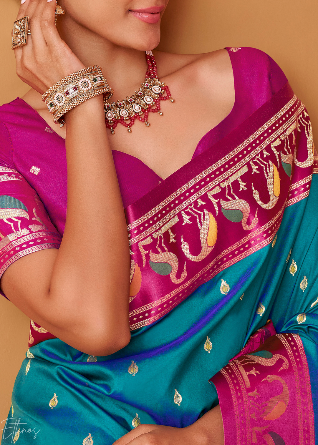 Teal Blue Flamingo Satin Silk Saree