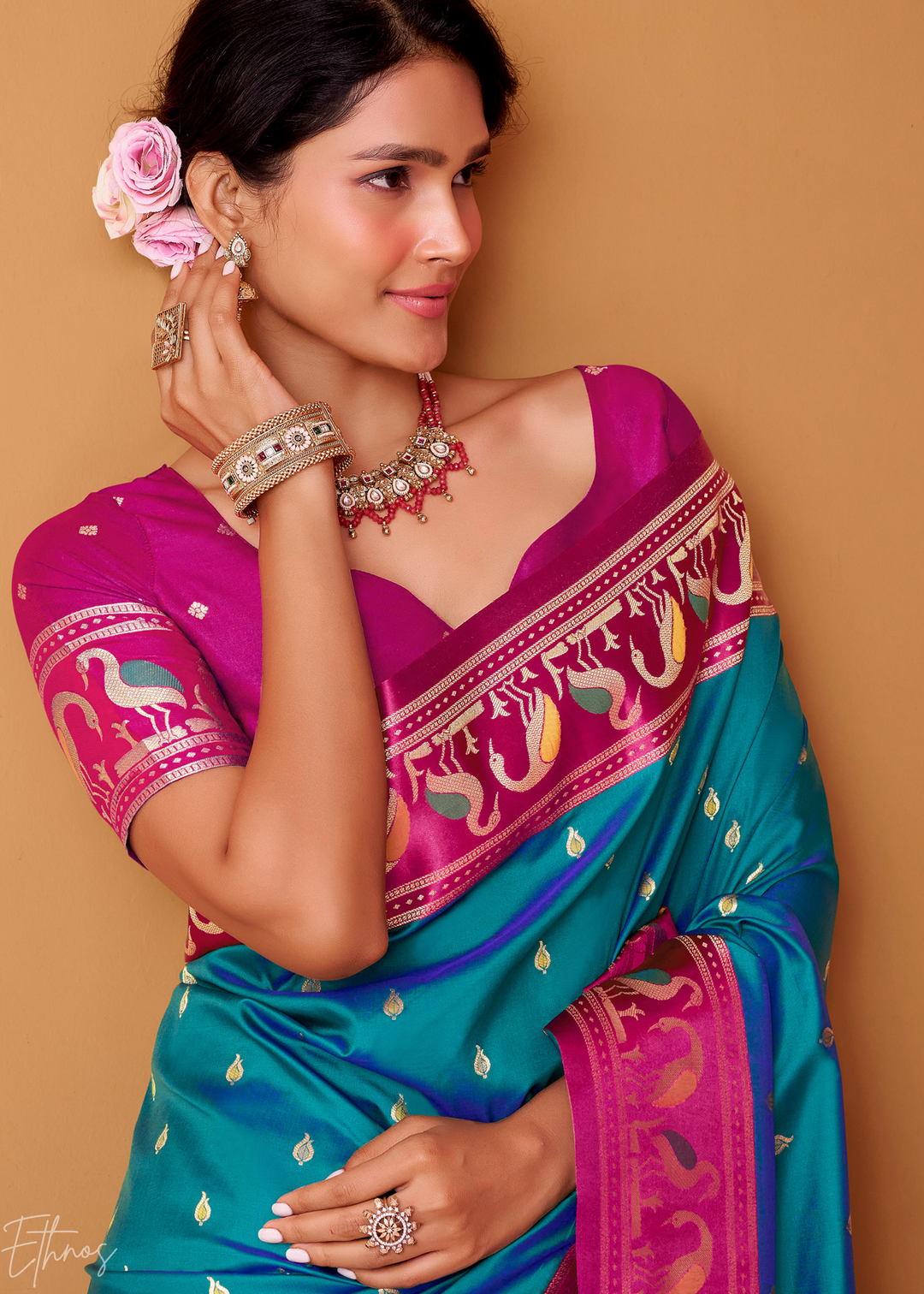 Teal Blue Flamingo Satin Silk Saree