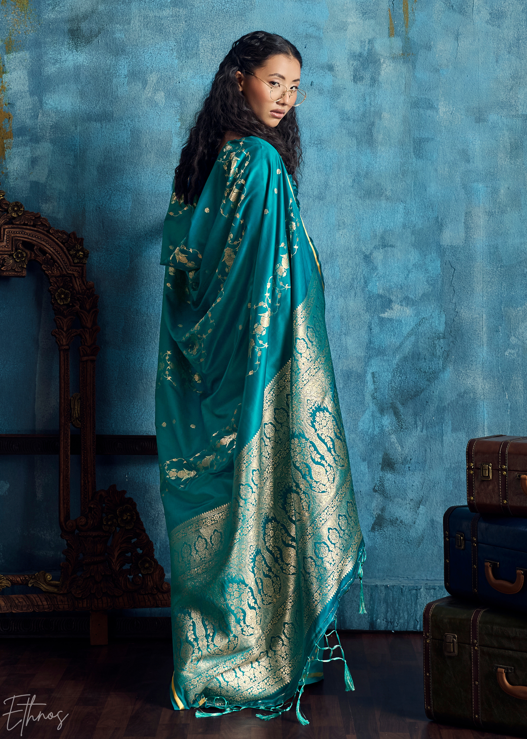 Teal Blue Floral Brocade Satin Silk Saree