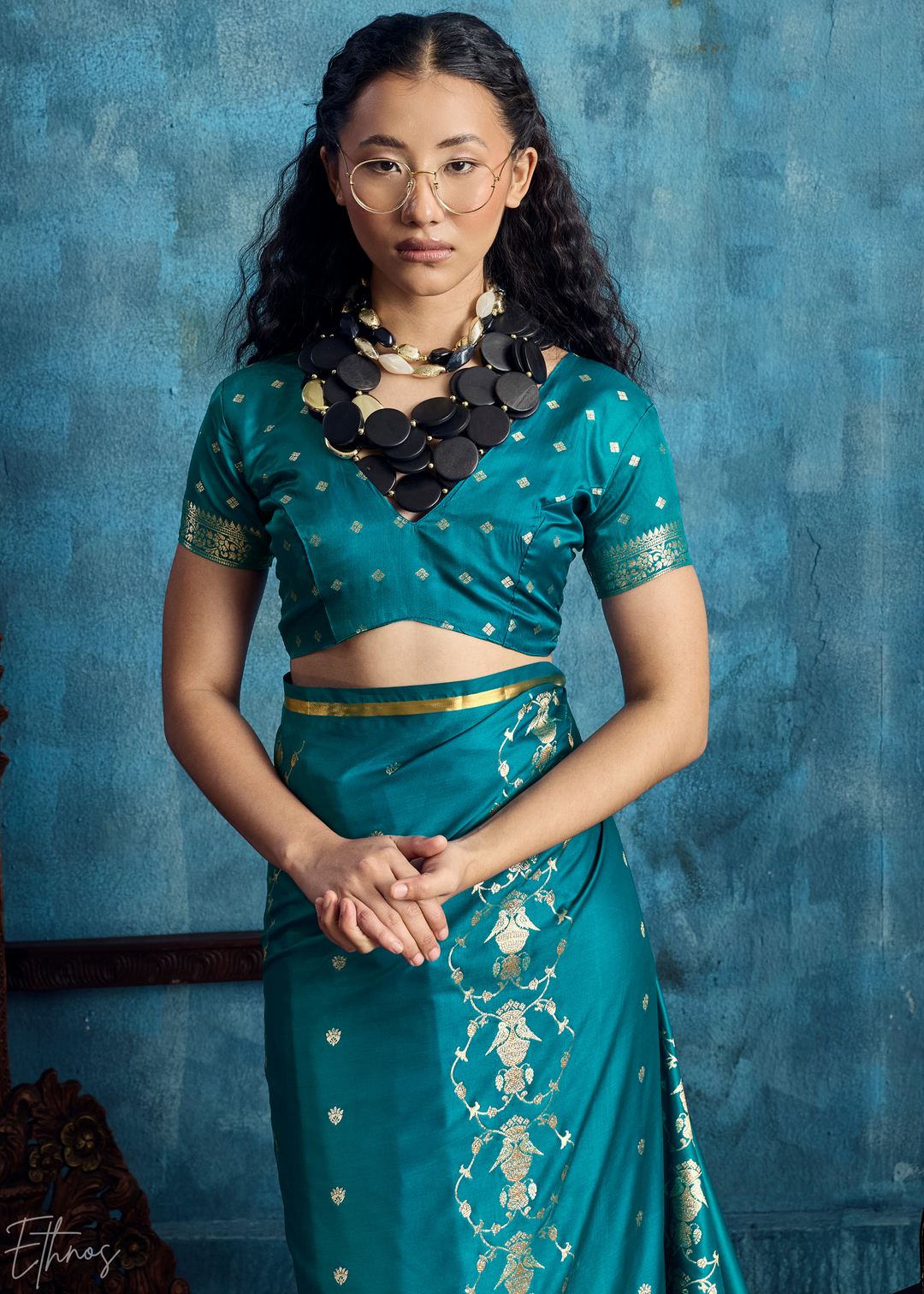 Teal Blue Floral Brocade Satin Silk Saree